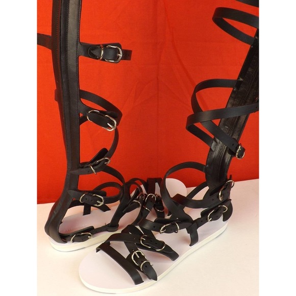 NEW BALENCIAGA BLACK LEATHER STRAPPY GLADIATOR TALL FLAT SANDALS BOOTS 38 372880 - Picture 7 of 12